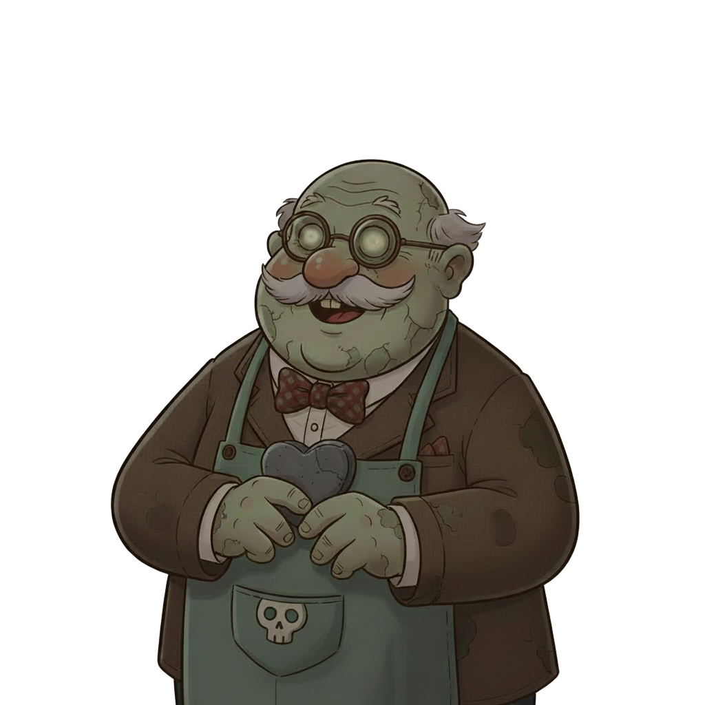 Uncle Johny, a kindly old undertaker in a sage apron, holding a carved stone heart